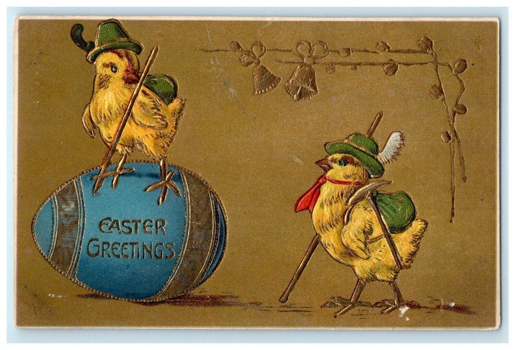 1909 Easter Greetings Chicks Riding Giant Egg Bells Embossed Antique Postcard