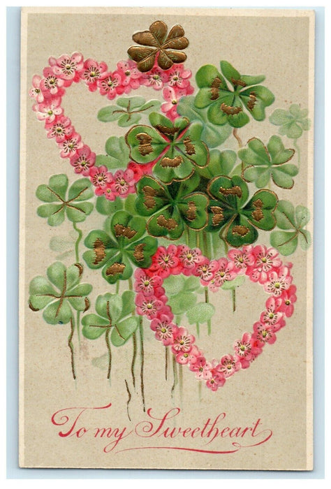 c1910's Valentine Heart Pink Pansies Flowers Shamrock Gold Gilt Germany Postcard