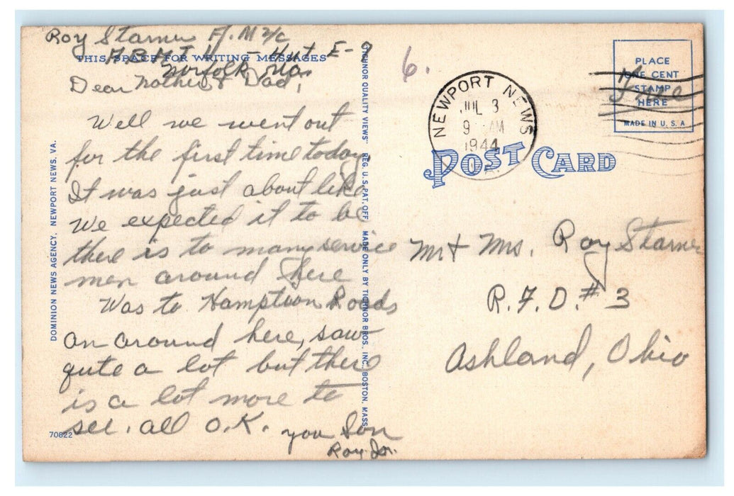 1944 Soldiers Mail WW2 Roy Stearns Newport News VA Ashland OH Ohio Postcard