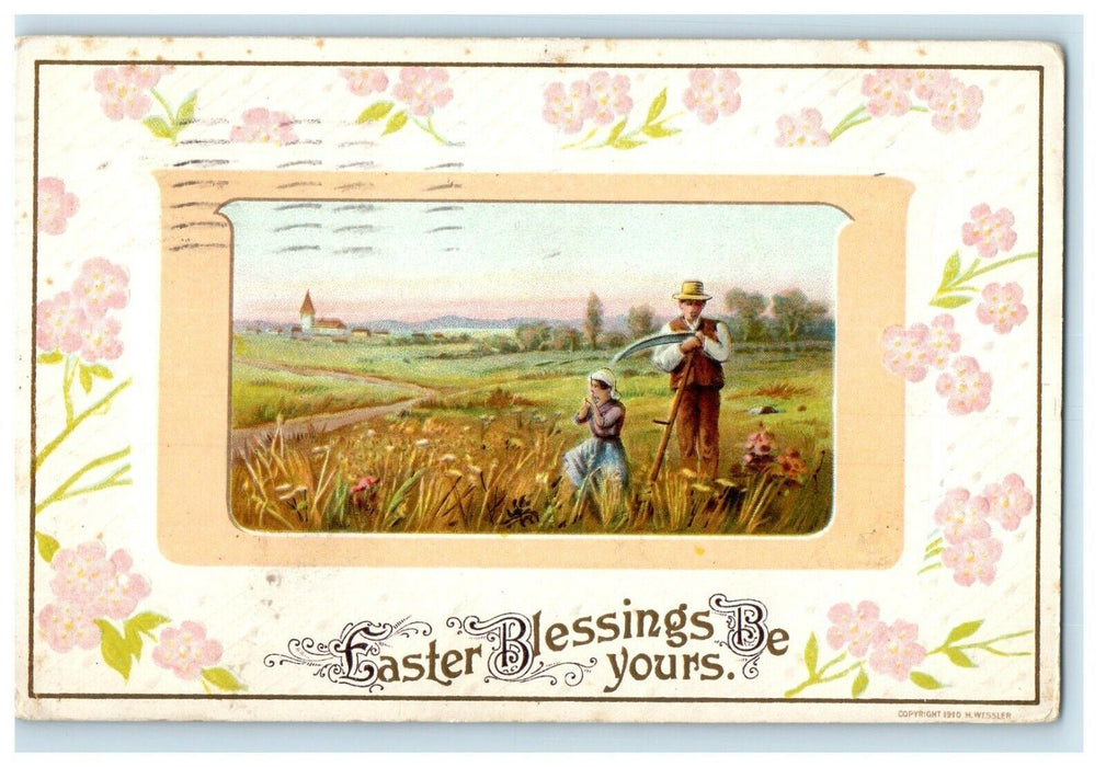 1912 Greetings Easter Blessings Man Sythe Farm H. Wessler Postcard