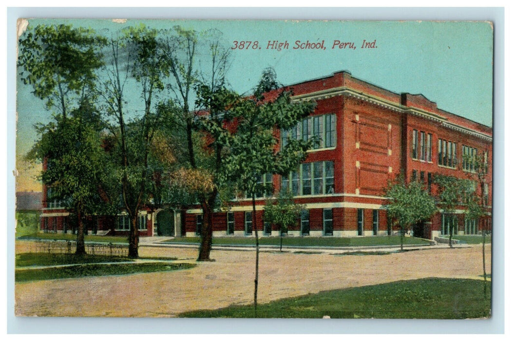 1911 Outdoor View of High School Peru, Indiana IN Antique Postcard