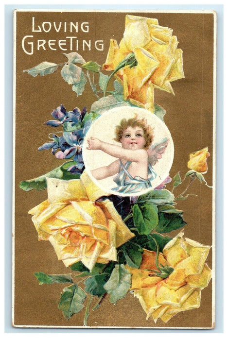 1908 Valentine Greeting Cherub Angel And Rose Pansies Flowers Embossed Postcard