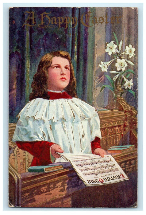 c1910's Greetings A Happy Easter Girl Hymn Altar Church Lily Flowers Postcard