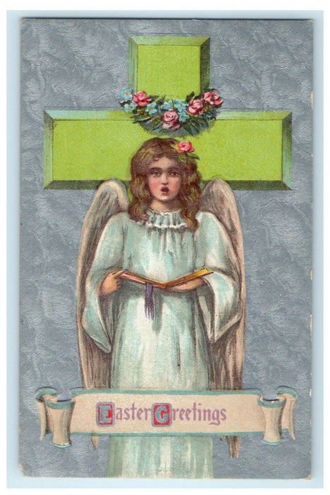 c1910's Easter Greetings Green Cross Cherub Angel Flowers Head Book Postcard