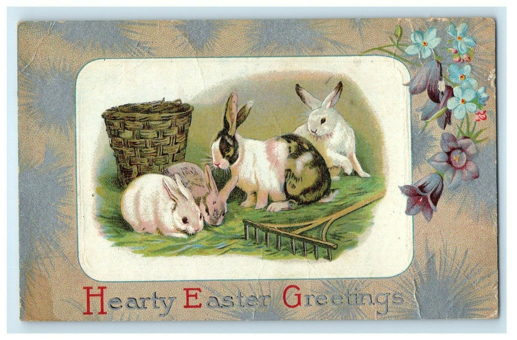 c1910's Hearty  Easter Greetings Rabbits Basket Rake Flowers Embossed Postcard