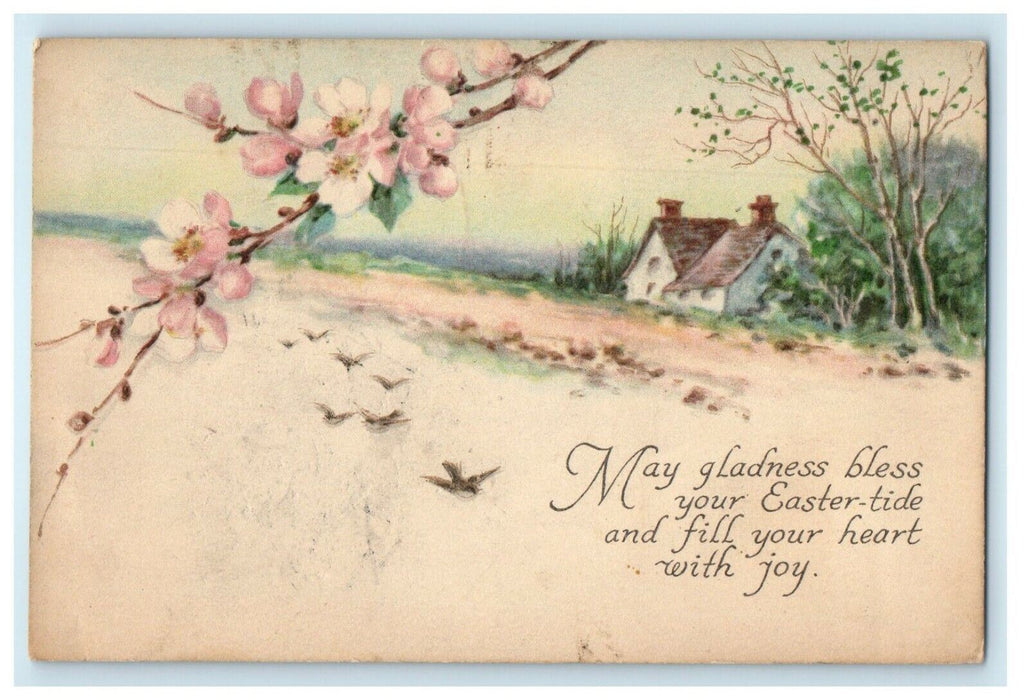 1919 Greetings Easter-tide Houses Flying Birds And Flowers Antique Postcard