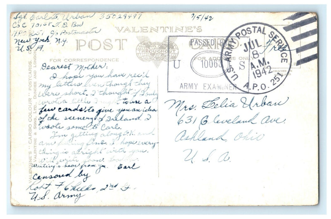 1942 Soldiers Mail WW2 Earl Urban Passed Censor APO Ashland Ohio OH Postcard