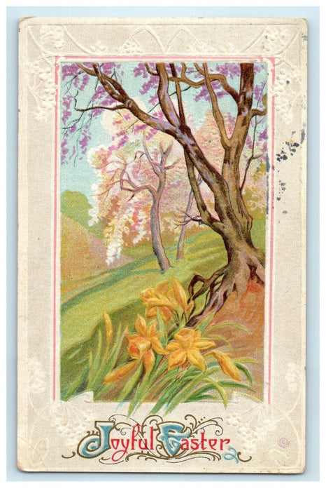 1914 Greetings Joyful Easter Blossom Tree Flowers Embossed Antique Postcard