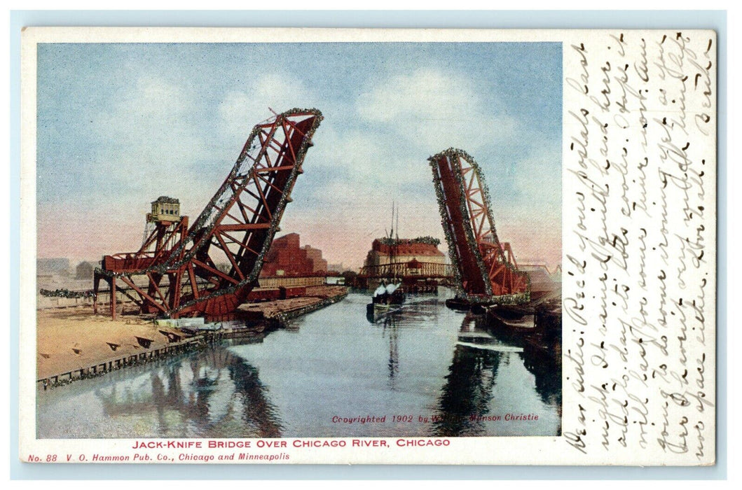 1902 Jack Knife Bridge over Chicago River, Chicago Illinois IL Postcard