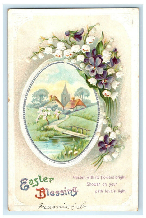 c1910 Greetings Easter Blessing Clapssadle (?) Egg And Flowers Embossed Postcard