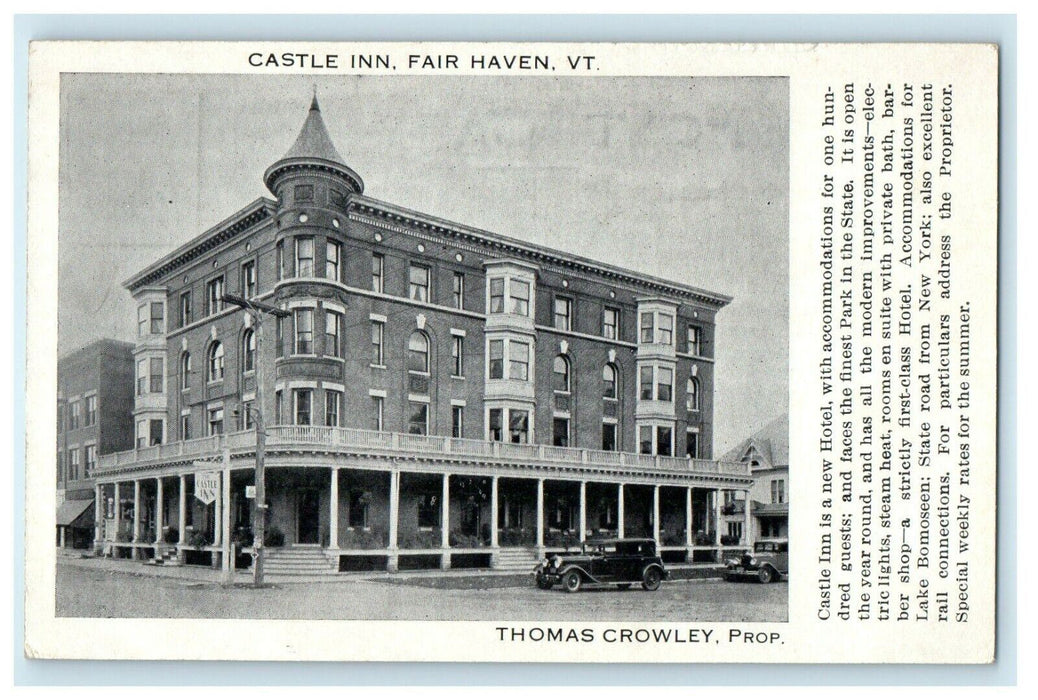 c1910's Castle Inn Hotel Building Street View Fair Haven Vermont VT Postcard