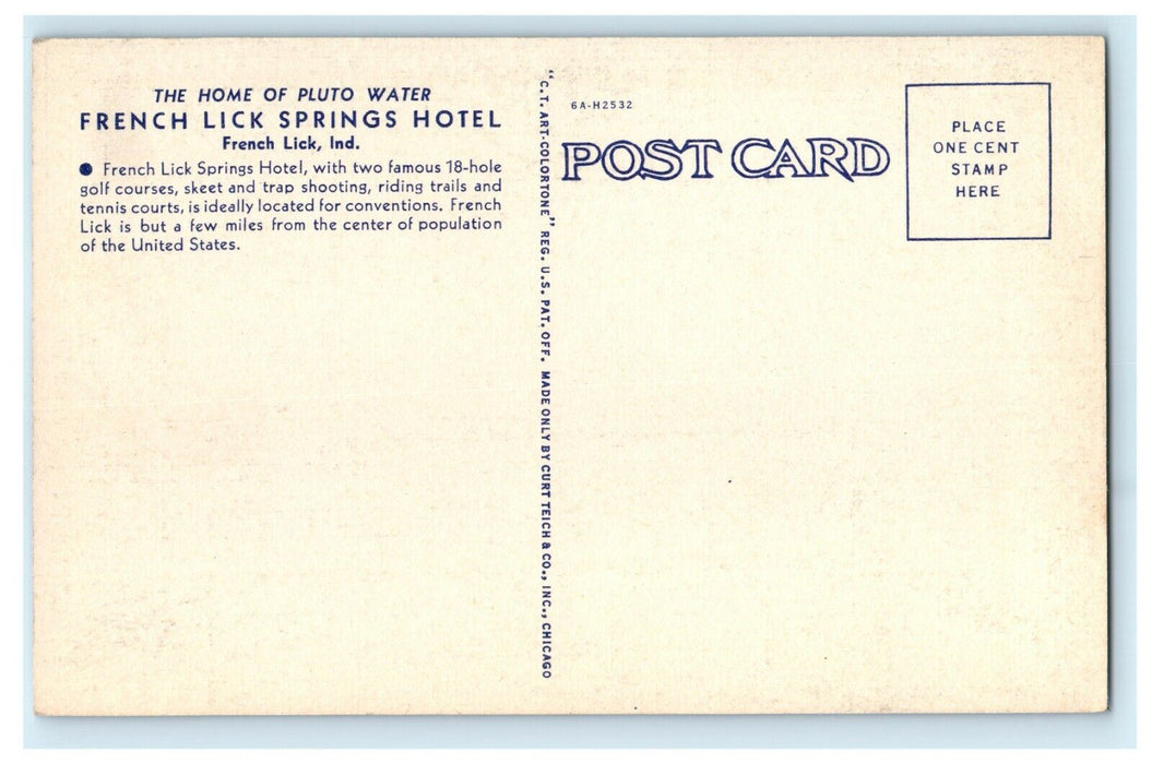 1956 French Lick Springs Hotel, Home of Pluto Water, Indiana IN Antique Postcard