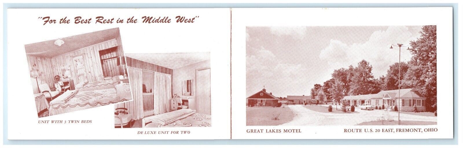 c1960's Great Lakes Motel Fremont Ohio OH Hotel Fold Out Bi-Fold Postcard