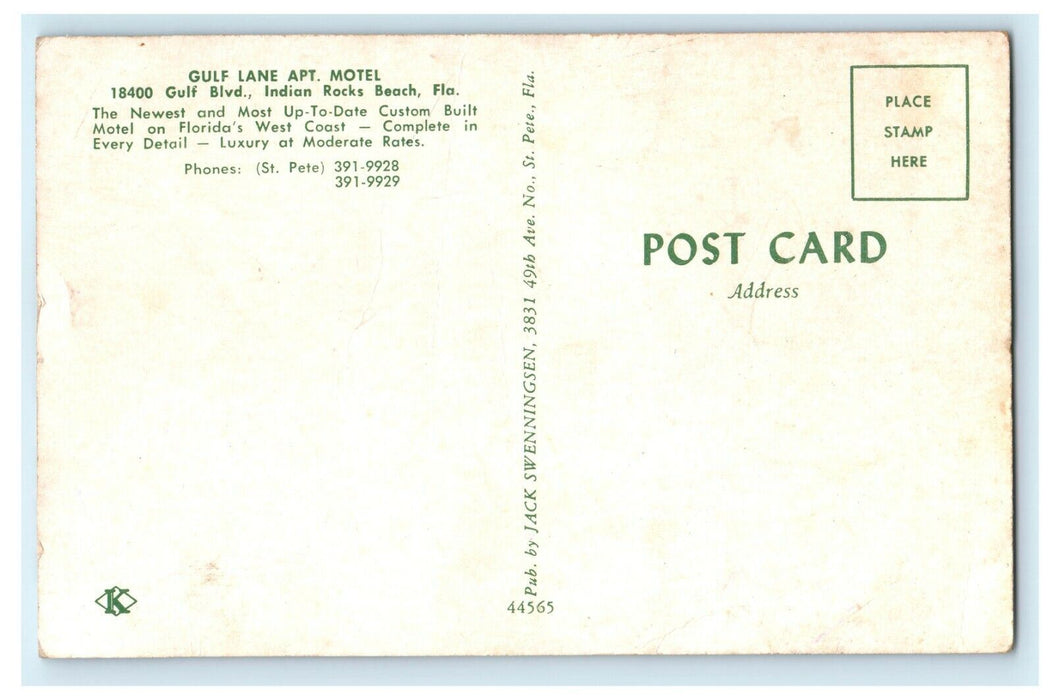 1945 Gulf Lane Apt Motel, Indian Rocks Beach Florida FL Postcard