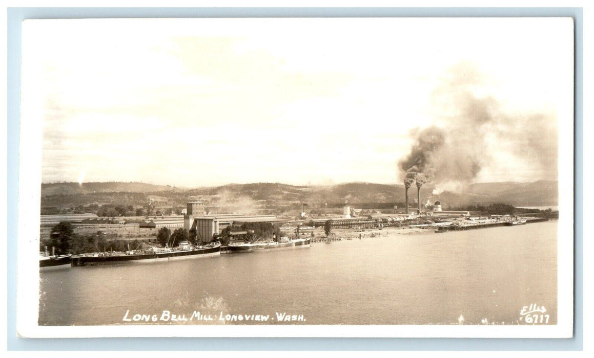 View Of Long Bell Mill Smoke Longview Washington WA RPPC Photo Ellis Postcard