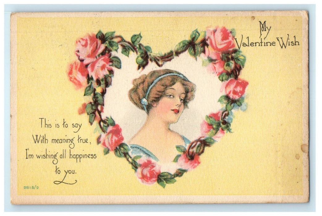 1916 Valentine Beautiful Victorian Girl Heart Pink Roses Antique Postcard