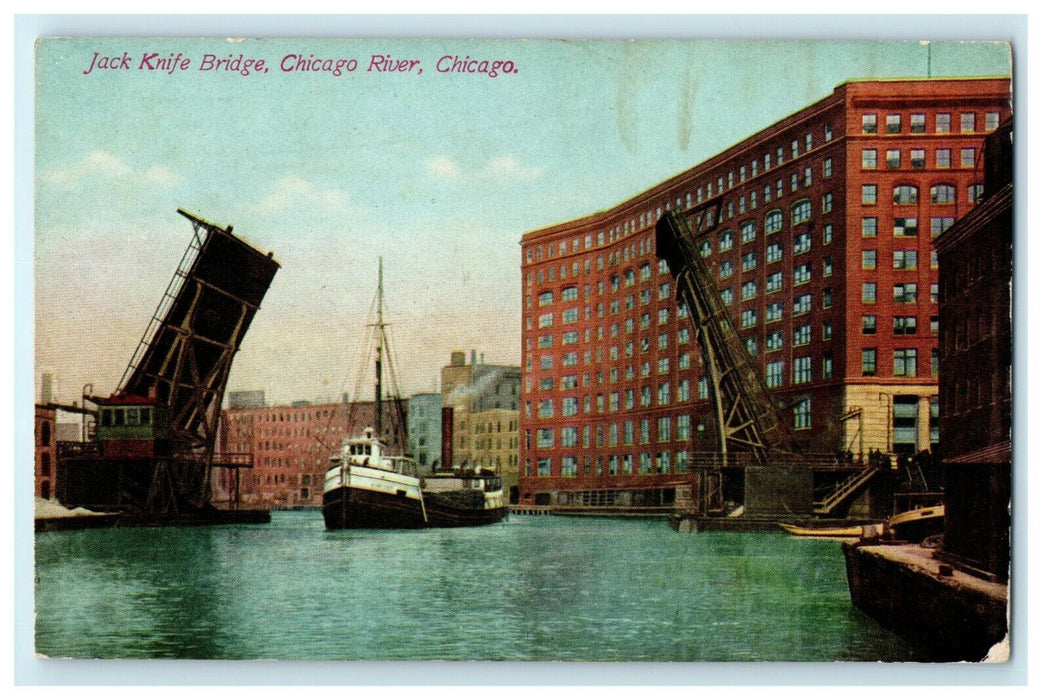 1909 Jack Knife Bridge, Chicago River, Chicago Illinois IL Antique Postcard