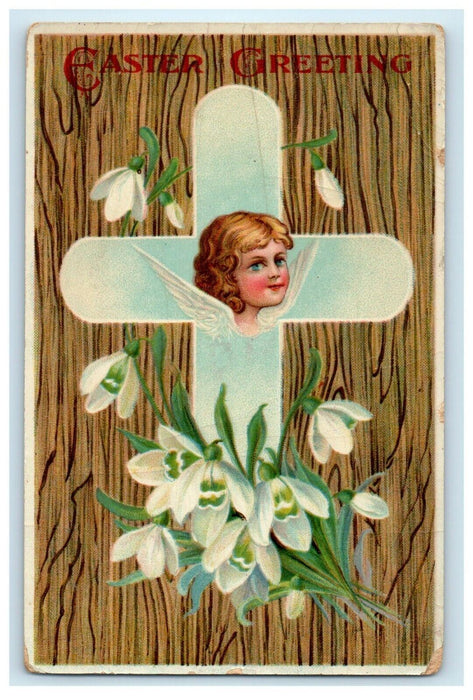 1910 Easter Greetings Cross Cherub Angel Head White Lily Flowers Postcard