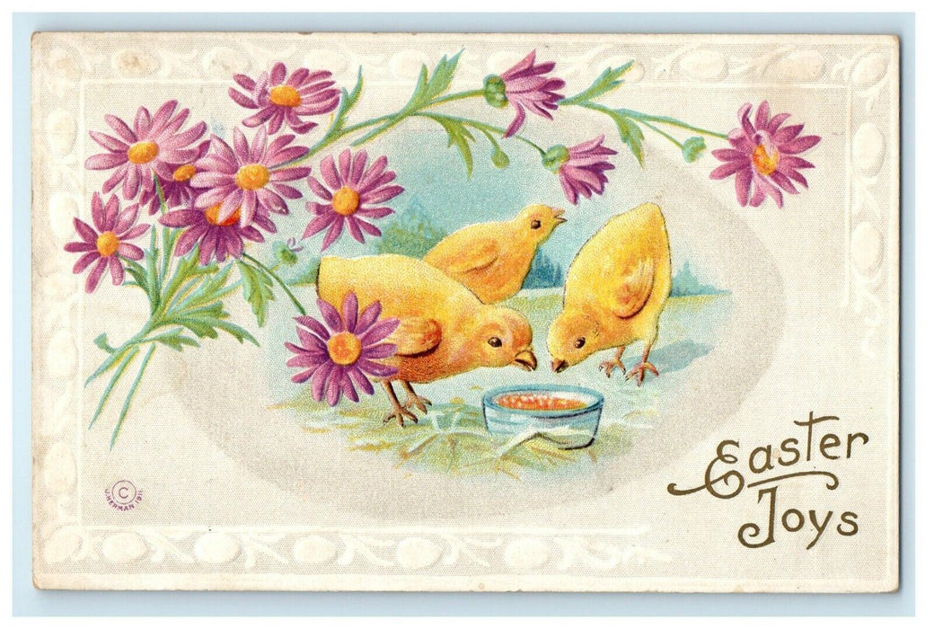 c1910's Greetings Easter Egg Chicks Pansies Flowers Embossed Antique Postcard