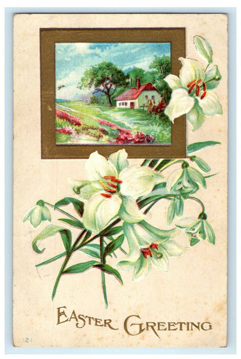 1911 Easter Greetings Lily Flowers Home Embossed Winsch Back Postcard
