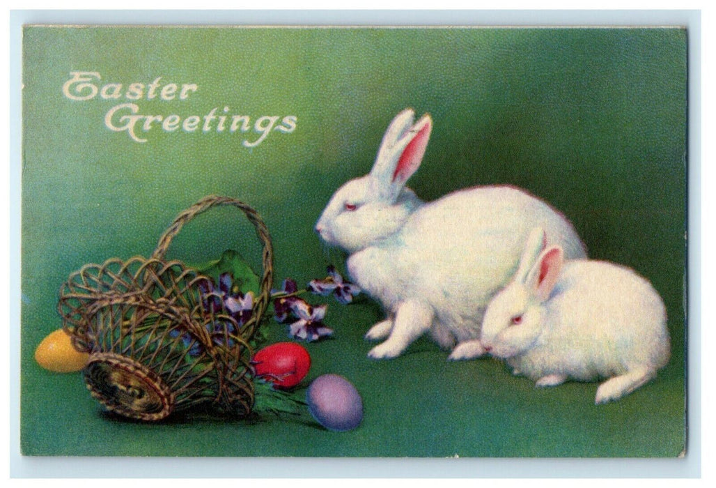 1925 Easter Greetings Rabbits Playing Basket Fell Eggs And Flowers Postcard