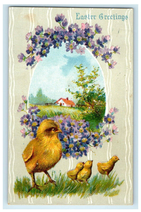 c1910's Easter Greetings Chicks Pansies Flowers Egg House Embossed Postcard