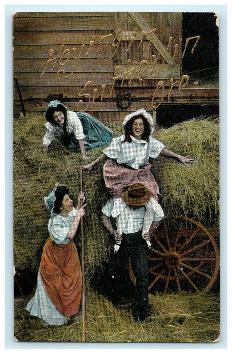 1909 Greetings Sutherlin Oregon OR Girls Boys Playing Barn Antique Postcard