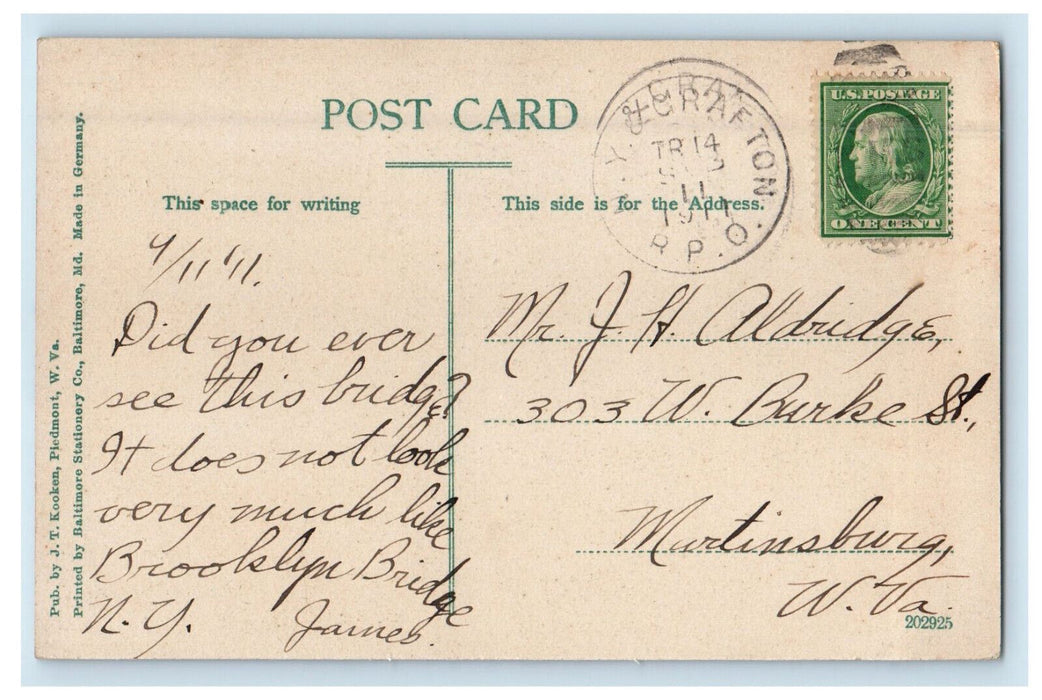 1911 Mineral Co Bridge Piedmont West Virginia WV NY & Grafton RPO Postcard