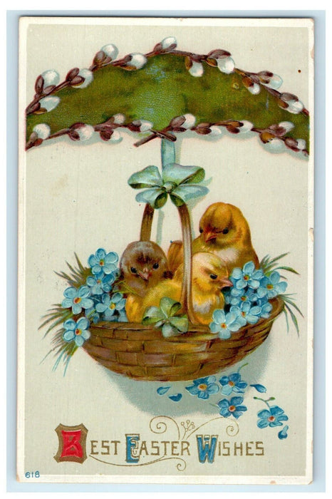 c1910's Greetings Easter Wishes Hanging Basket Egg Pansies Flowers Postcard