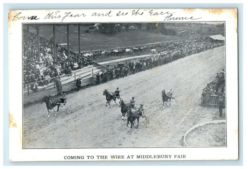1912 Coming To The Wire At Middlebury Fair Vermont VT Advertising Postcard
