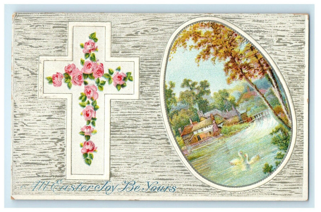 1914 Greetings Easter Egg House Dam And Cross Flowers Embossed Postcard