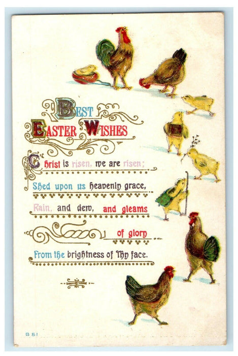 c1910's Greetings Easter Best Wishes Rooster Chicken Hen Chick Embossed Postcard