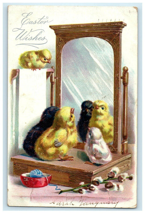 1908 Greetings Easter Wishes Chicks Mirror Yarn Embossed Tuck's Postcard