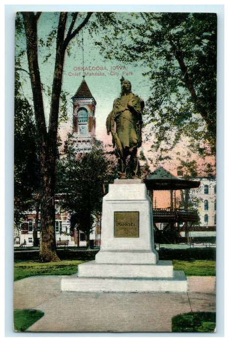 1911 Chief Mahaska Monument, City Park, Oskaloosa, Iowa IA Antique Postcard