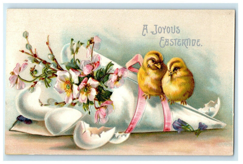 c1910's Greetings Eastertide Clapsaddle (?) Chicks Egg Flowers Bouquet Postcard