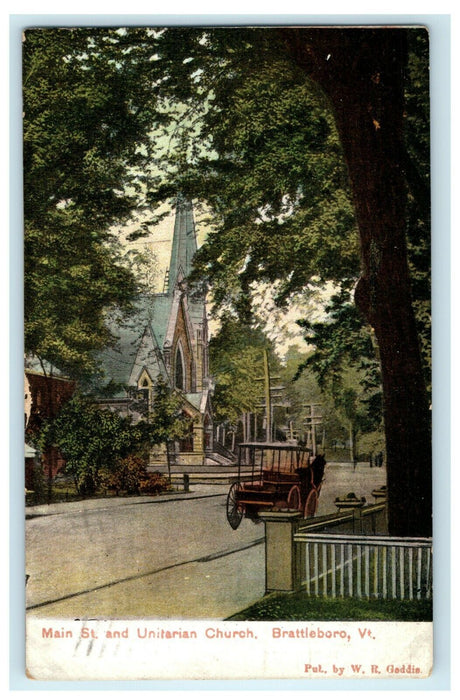 c1910 Main Street And Unitarian Church Brattleboro Vermont VT Antique Postcard