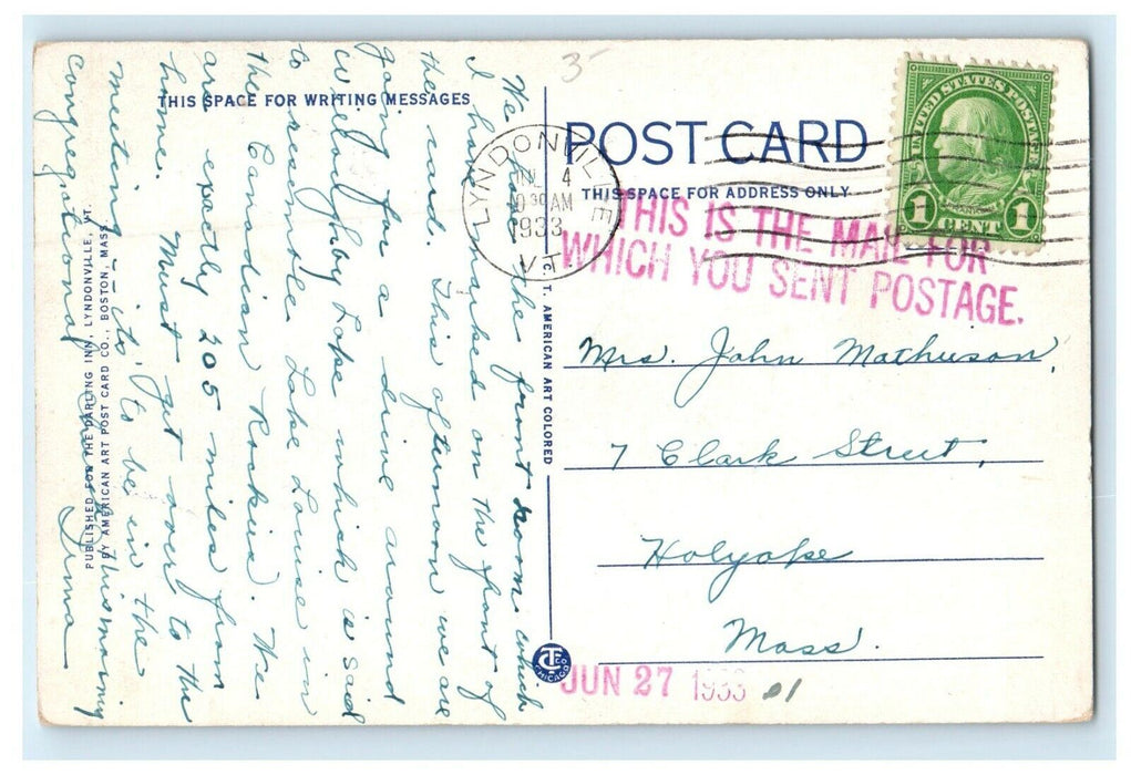 1933 The Darling Inn "A Gem In The Green" Lyndonville Vermont VT Postcard