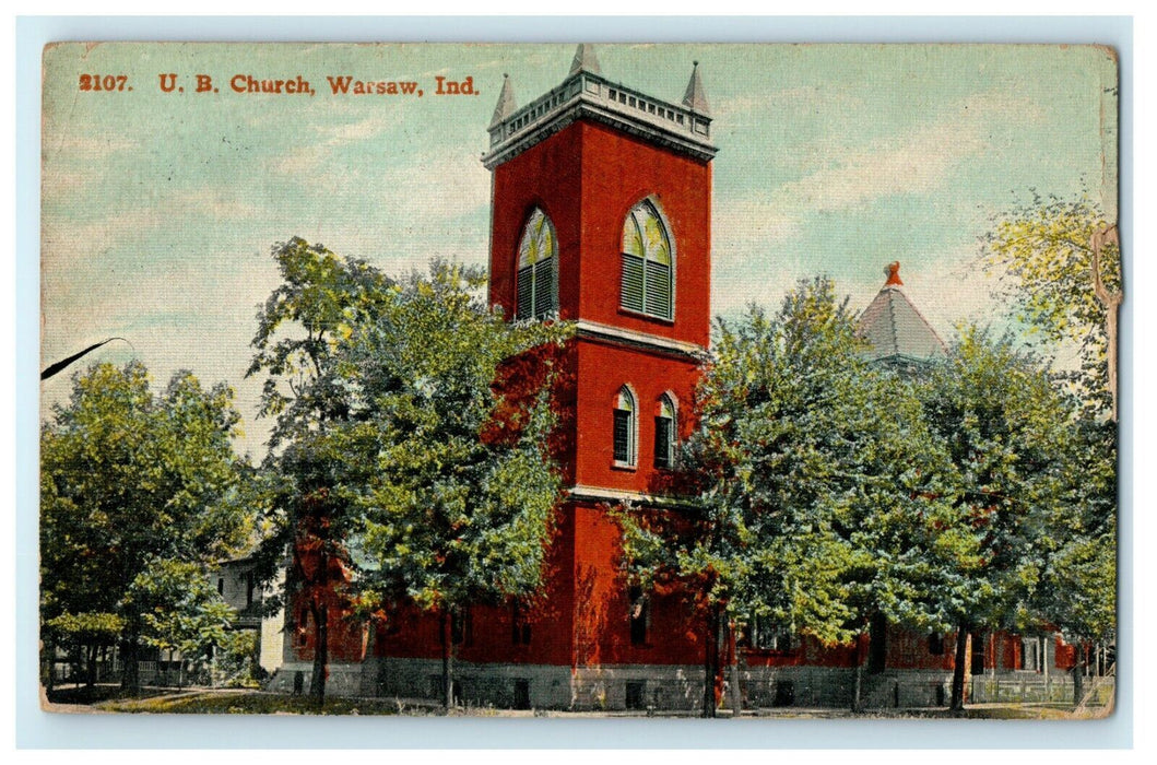 1912 Outside View of U.B. Church Warsaw Indiana IN Antique Postcard