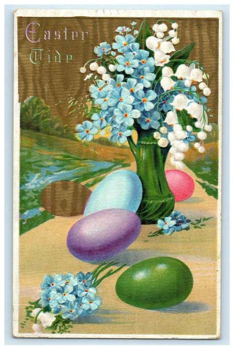 1913 Greetings Easter Tide Pansies Flower Vase Eggs Embossed Antique Postcard