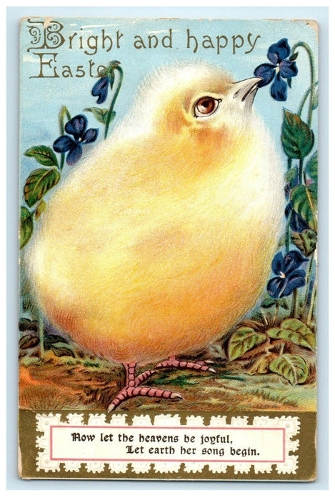 c1910's Greetings Easter Giant Chick Singing Pansies Flowers Embossed Postcard