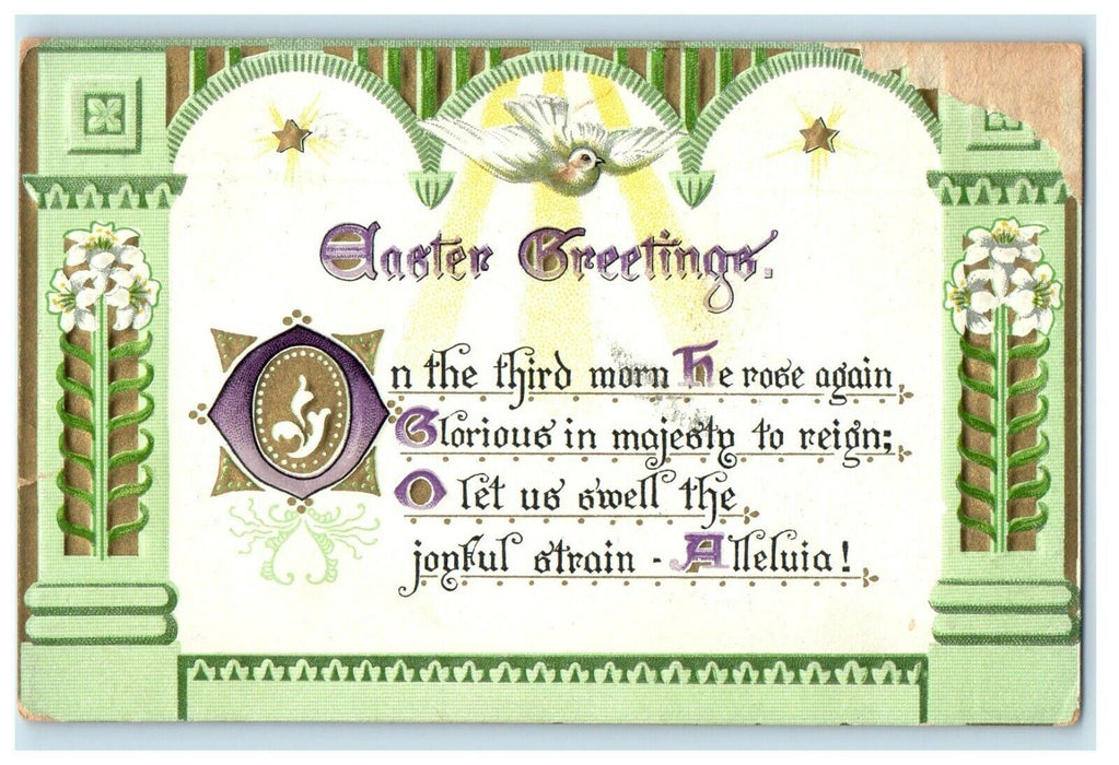 1913 Easter Greetings Poem Lily Flowers Embossed Antique Tuck's Postcard