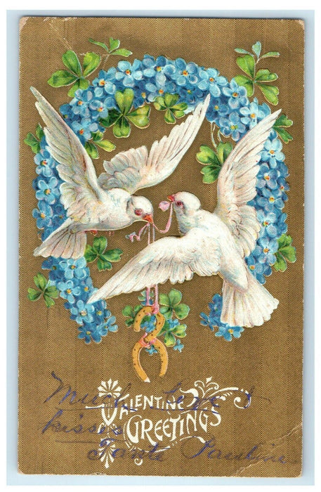 1910 Valentine Greetings Dove Birds Horseshoe Pansies Flowers Embossed Postcard