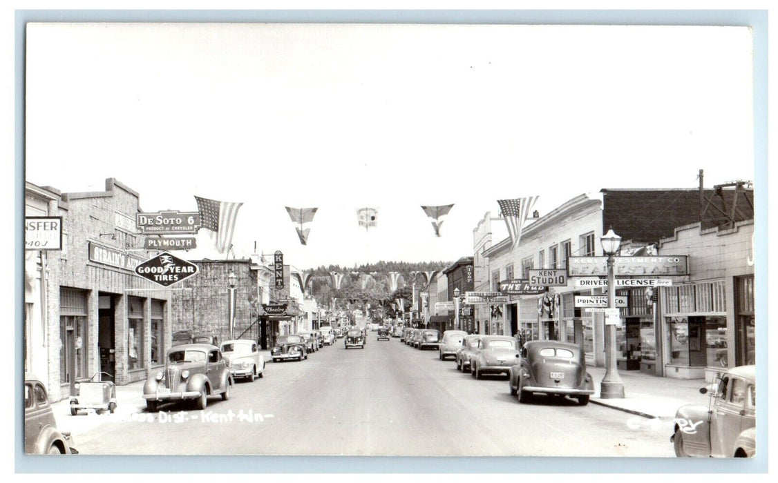 c1940's Business District Street View Cars Kent WA RPPC Photo Antique Postcard