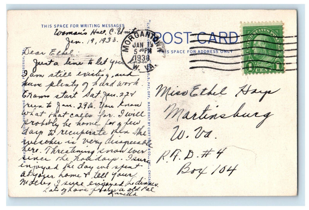 1938 Circle, University of West Virginia Morgantown WV Posted Postcard