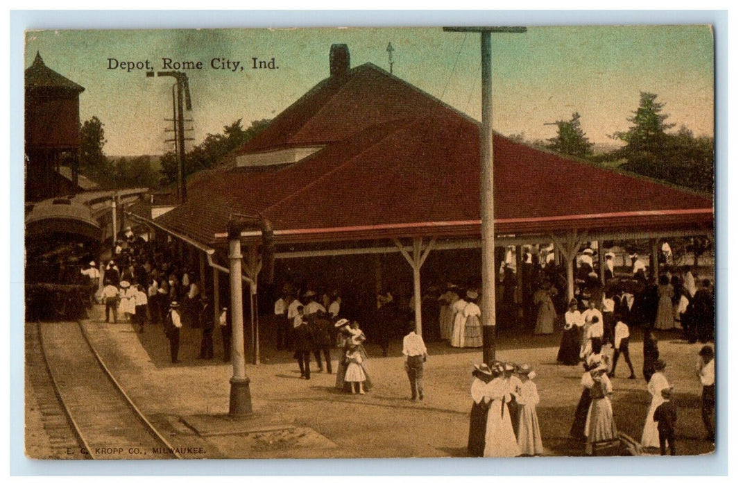 c1910's Depot Train Station Railroad And Passenger Rome City Indiana IN Postcard