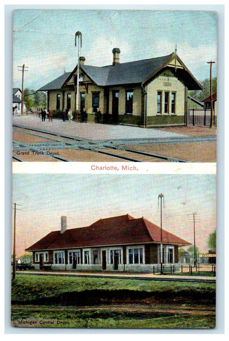 1910 Grand Trunk Depot And Michigan Central Depot Charlotte Michigan MI Postcard