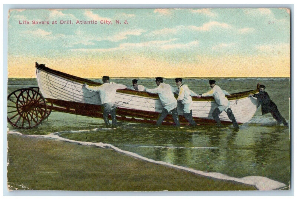 1913 Life Savers At Drill Boat Wagon Atlantic City New Jersey NJ Postcard