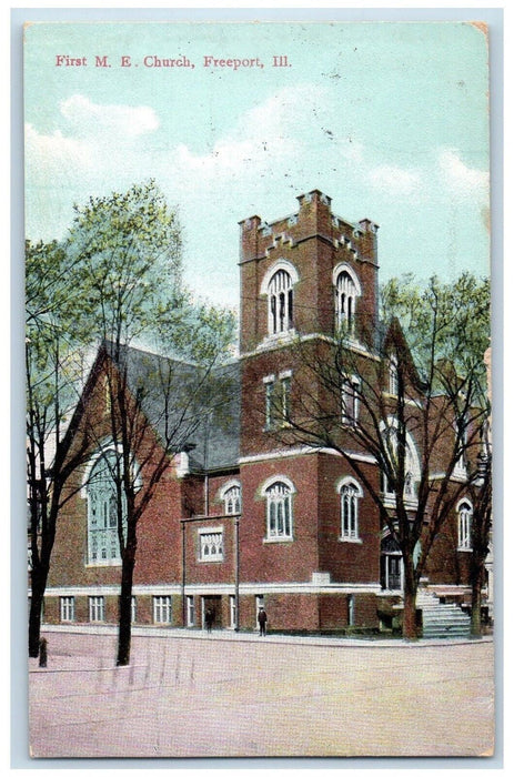 1909 First M.E. Church Street View Freeport Illinois IL Posted Antique Postcard