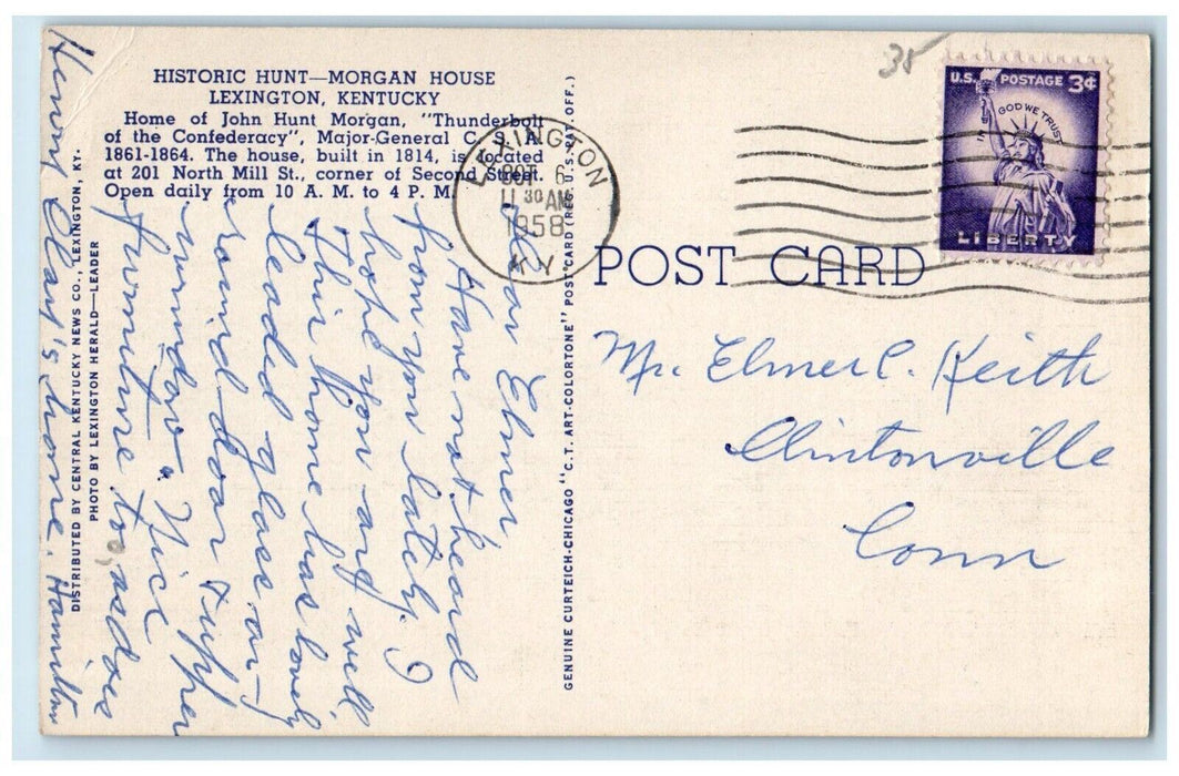 1958 Historic Hunt- Morgan House Lexington Kentucky KY Posted Vintage Postcard