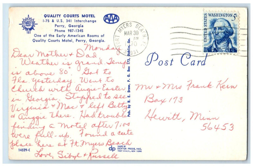 1970 Quality Courts Motel Bed Room View Perry Georgia GA Antique Postcard